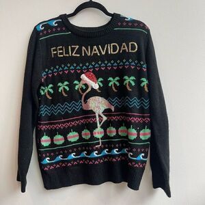Poof New York Womens Sweater Christmas Sequin Flamingo Feliz Navidid Crewneck Bl